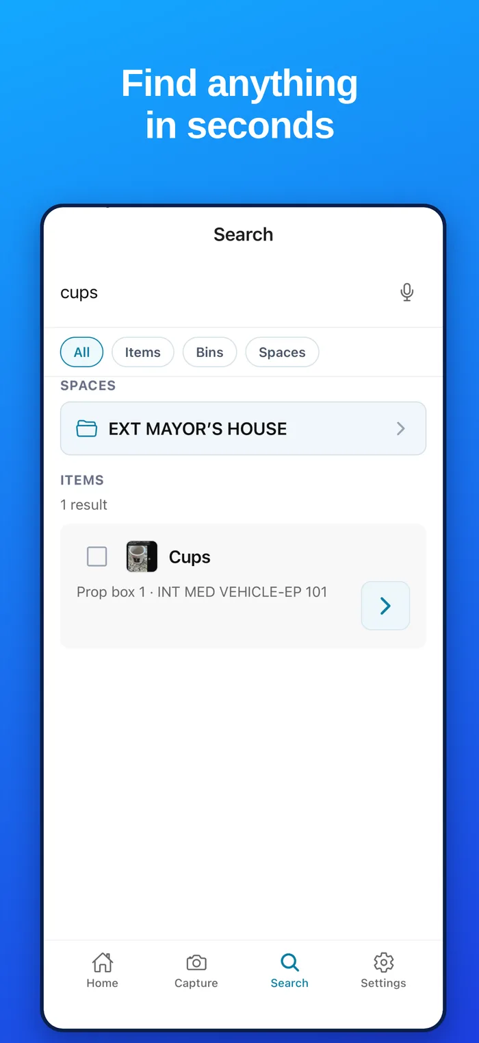Search items, bins, and spaces in MYBOXai
