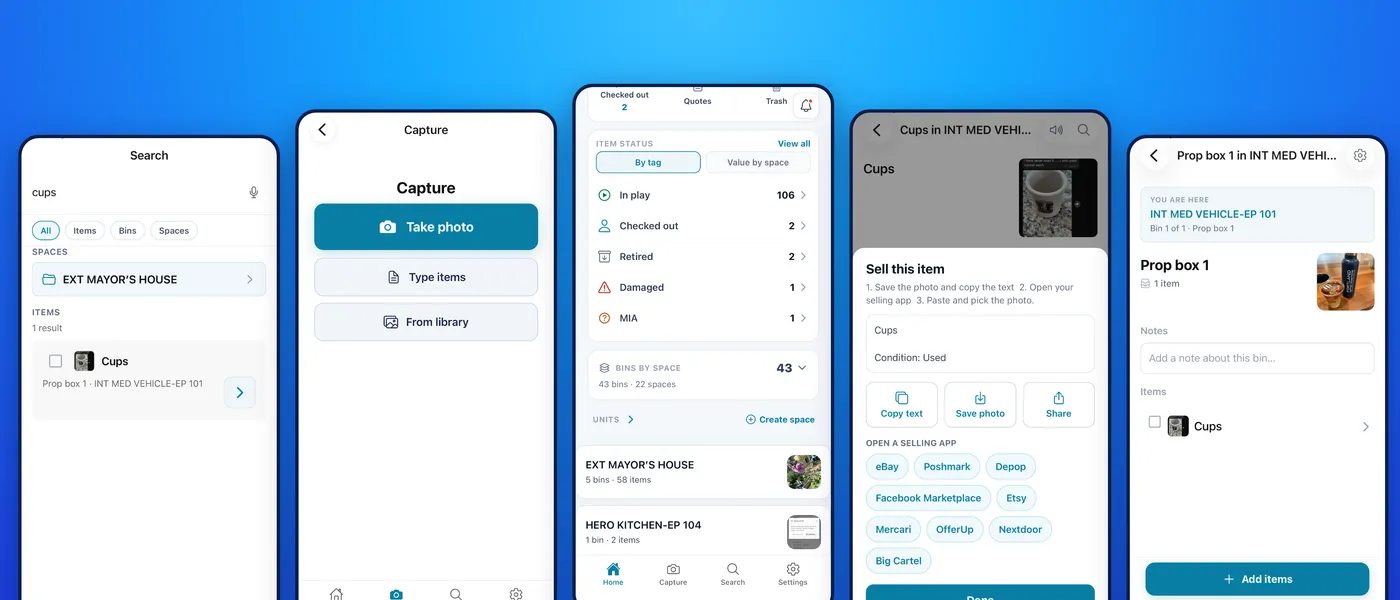 MYBOXai on a phone, with bins and items ready to find