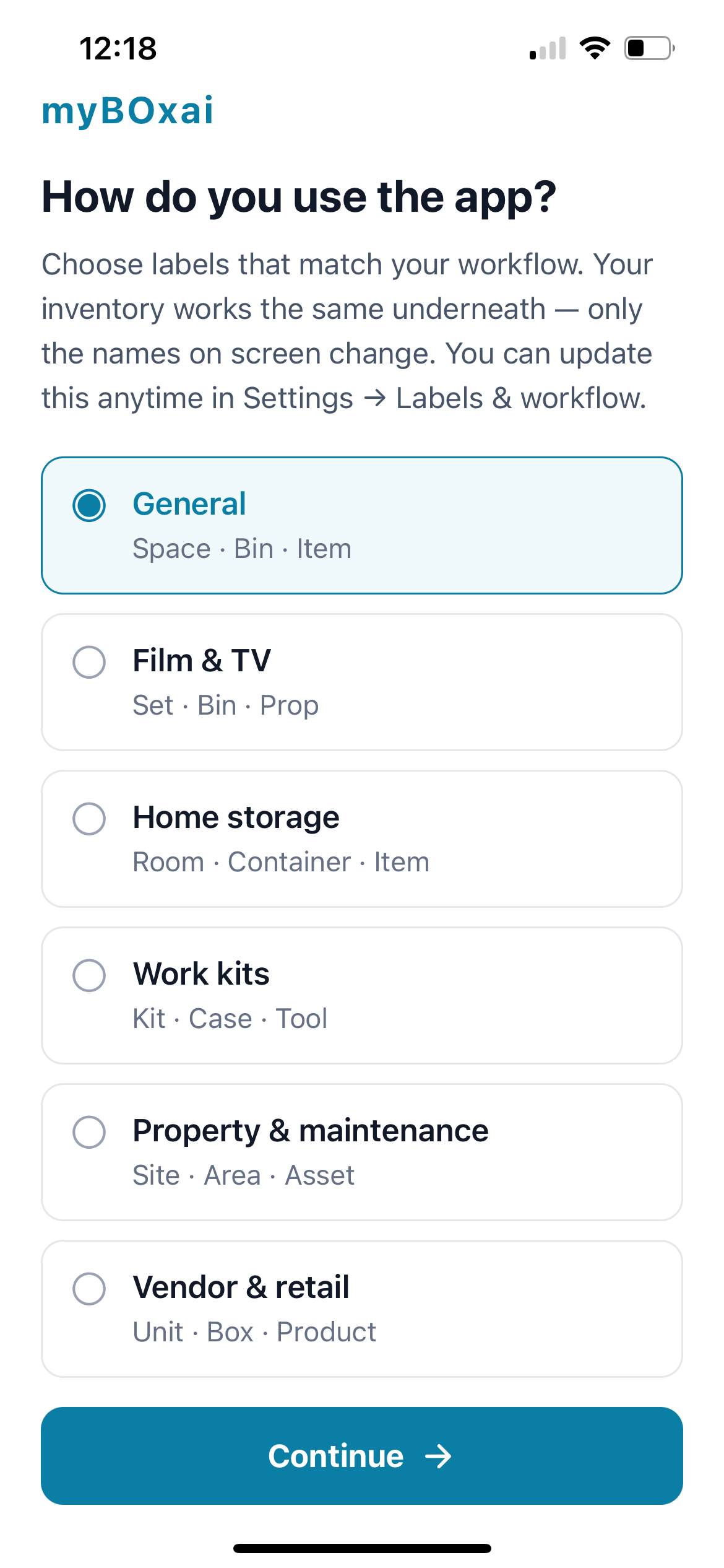 Onboarding choices when getting started in the app