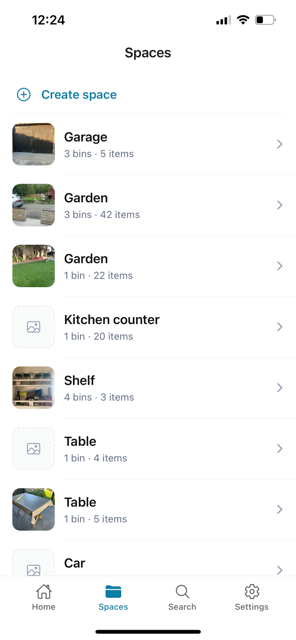 Spaces list in the app